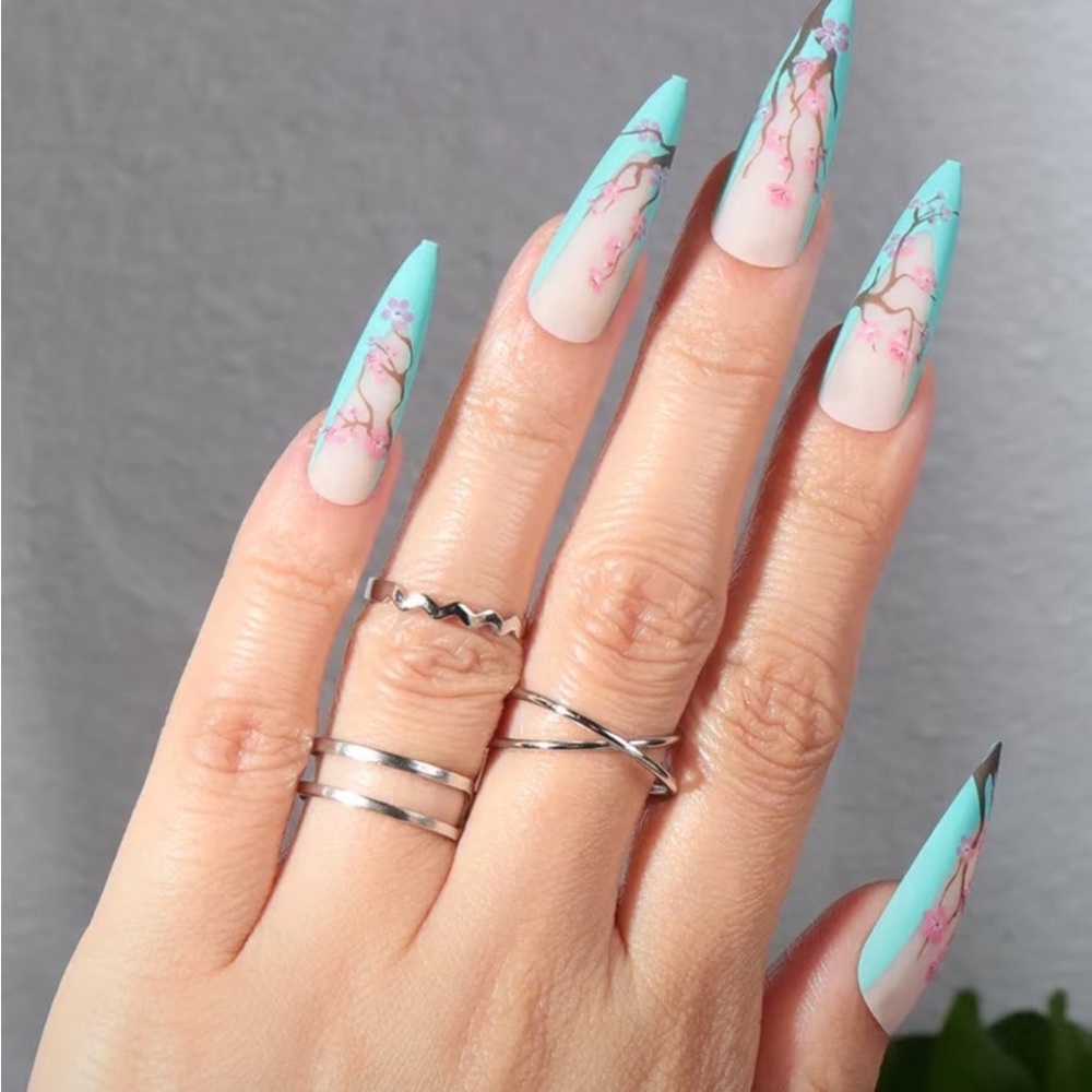 24 Pcs Cherry Flower Long Length Sakura Design Coffin Nails